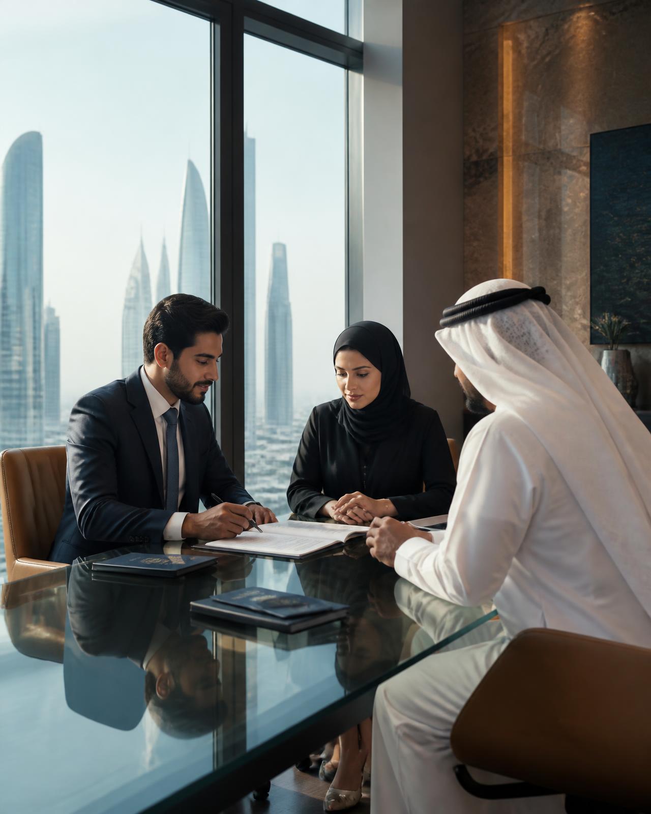 Recruitment consultants reviewing hiring documentation in a Gulf city office
