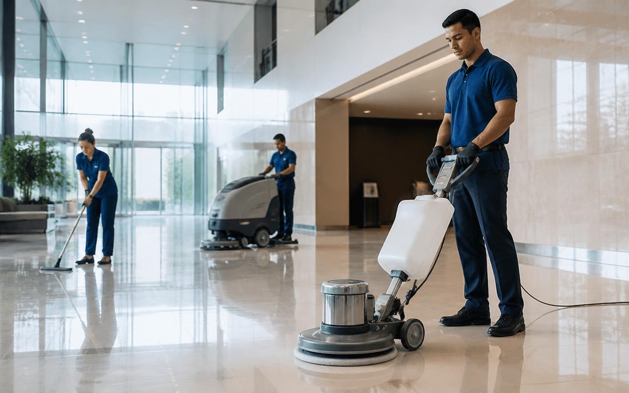 Commercial cleaning crew in uniform polishing the floor of an office lobby
