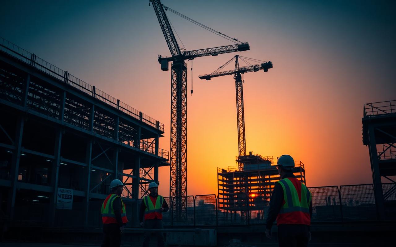 Construction site with cranes and workers at golden hour in Dubai
