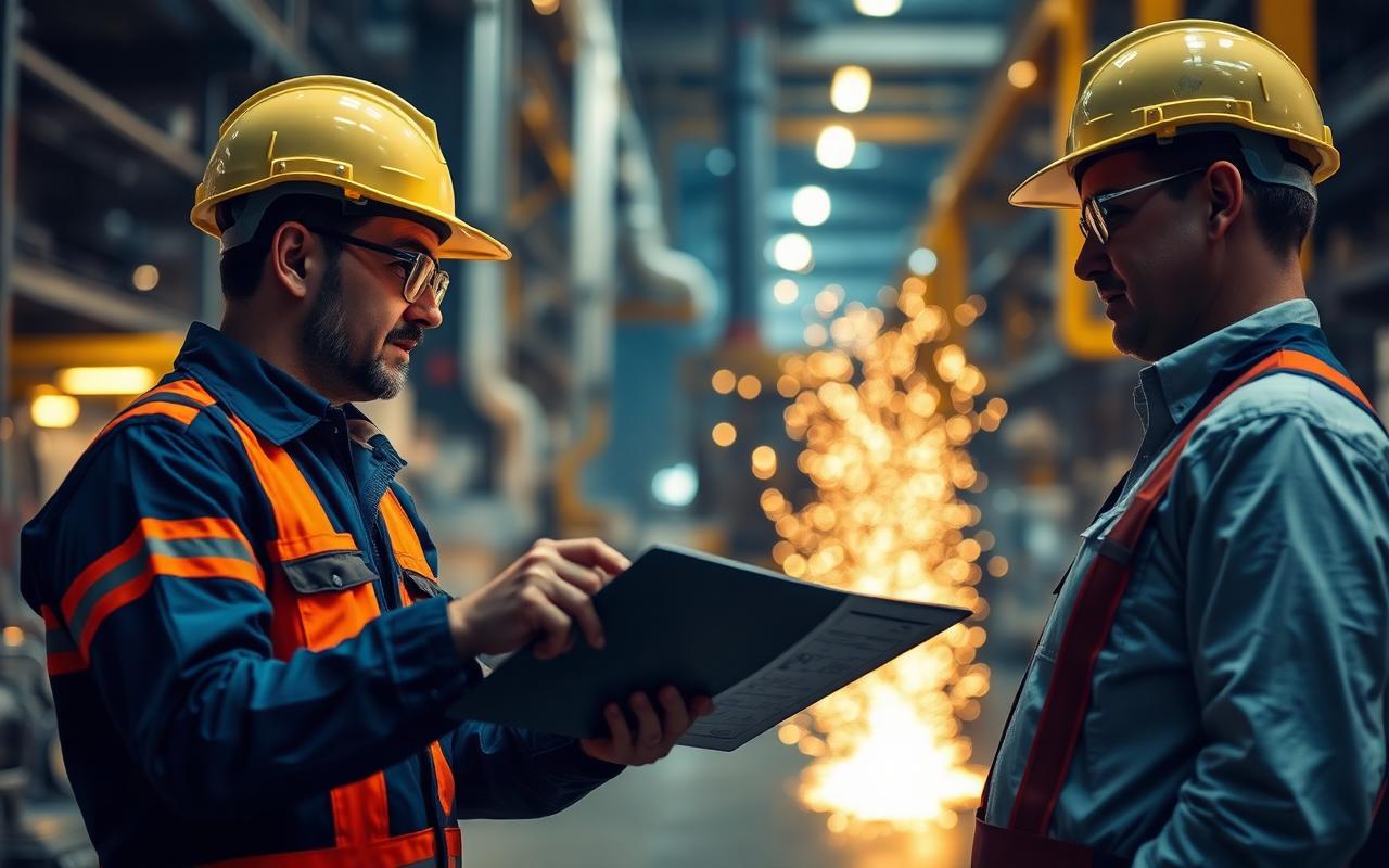Engineers in hard hats reviewing technical drawings inside an industrial plant