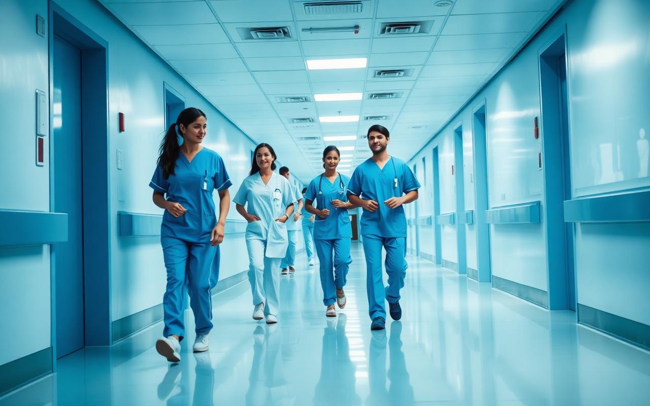 Nurses and medical staff walking through a modern hospital corridor