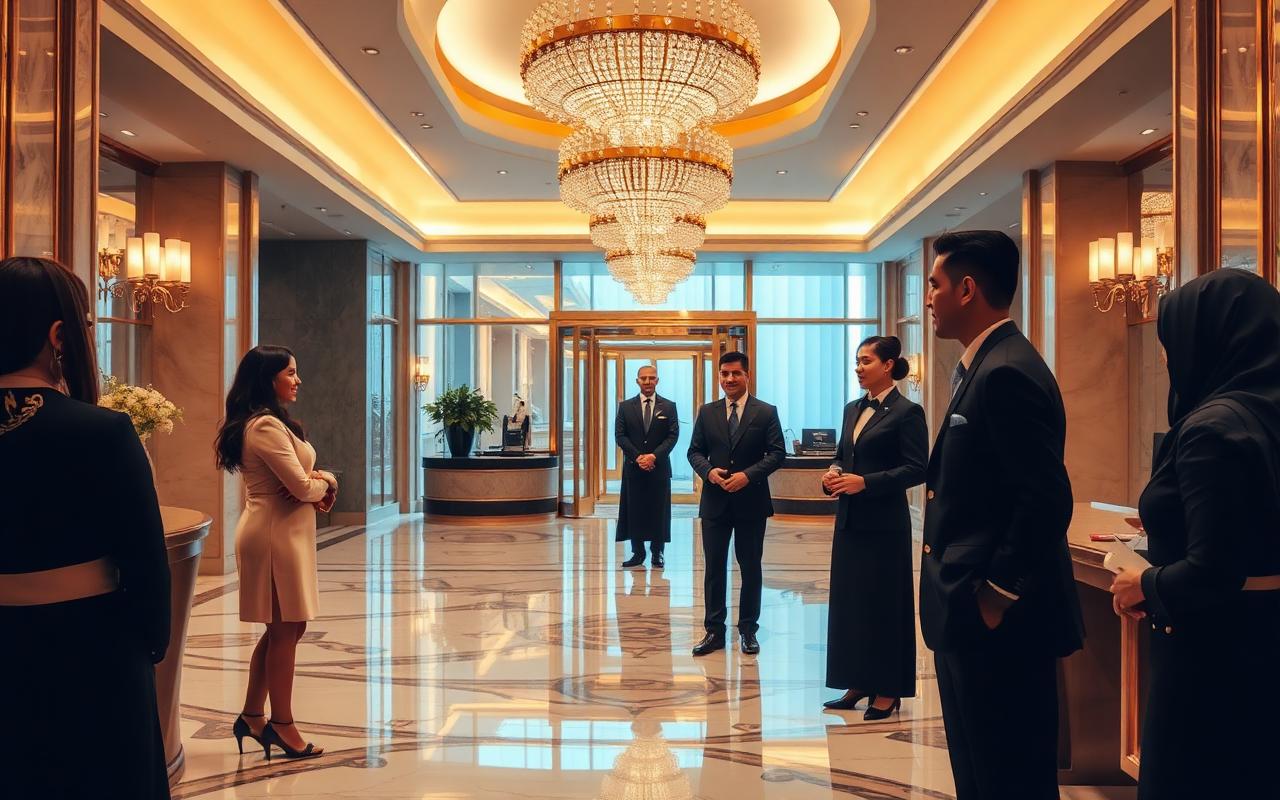 Hotel staff welcoming guests in a luxury hotel lobby