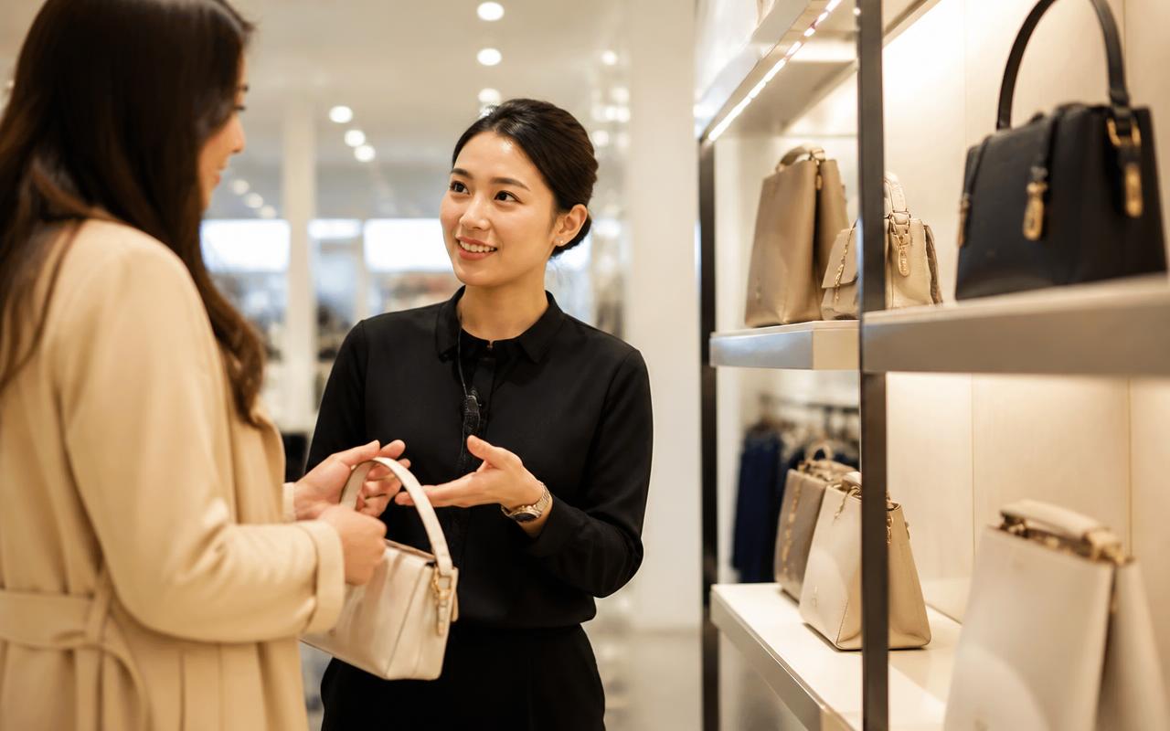 Retail sales associate assisting a customer inside a bright modern store