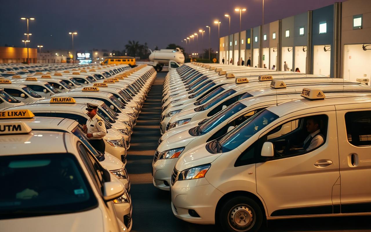 Fleet of taxis and delivery vehicles parked at a depot at dusk