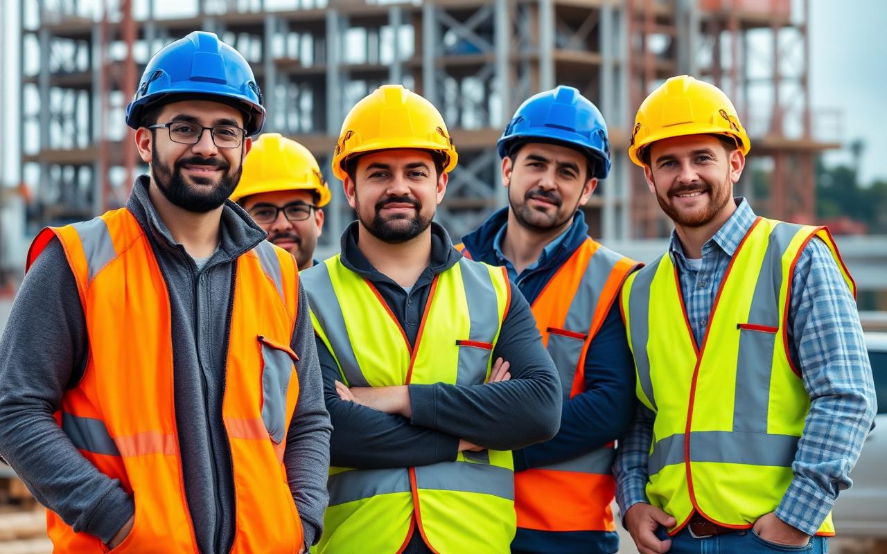 Construction workers in high-visibility vests and helmets on site