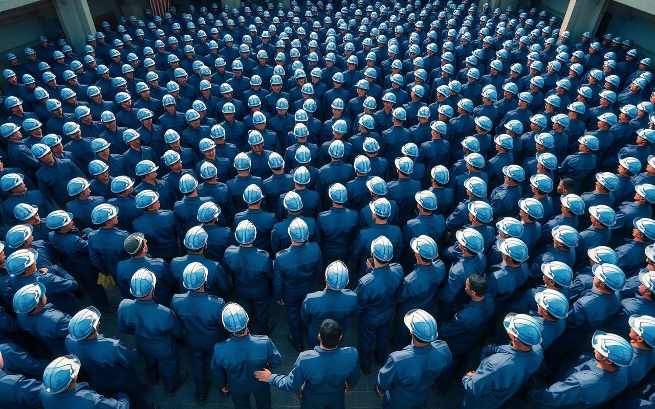 Large group of uniformed workers assembled for a project mobilisation briefing