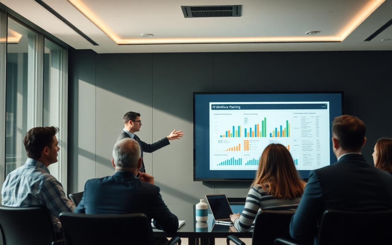 HR consultant presenting workforce planning data to a group of managers