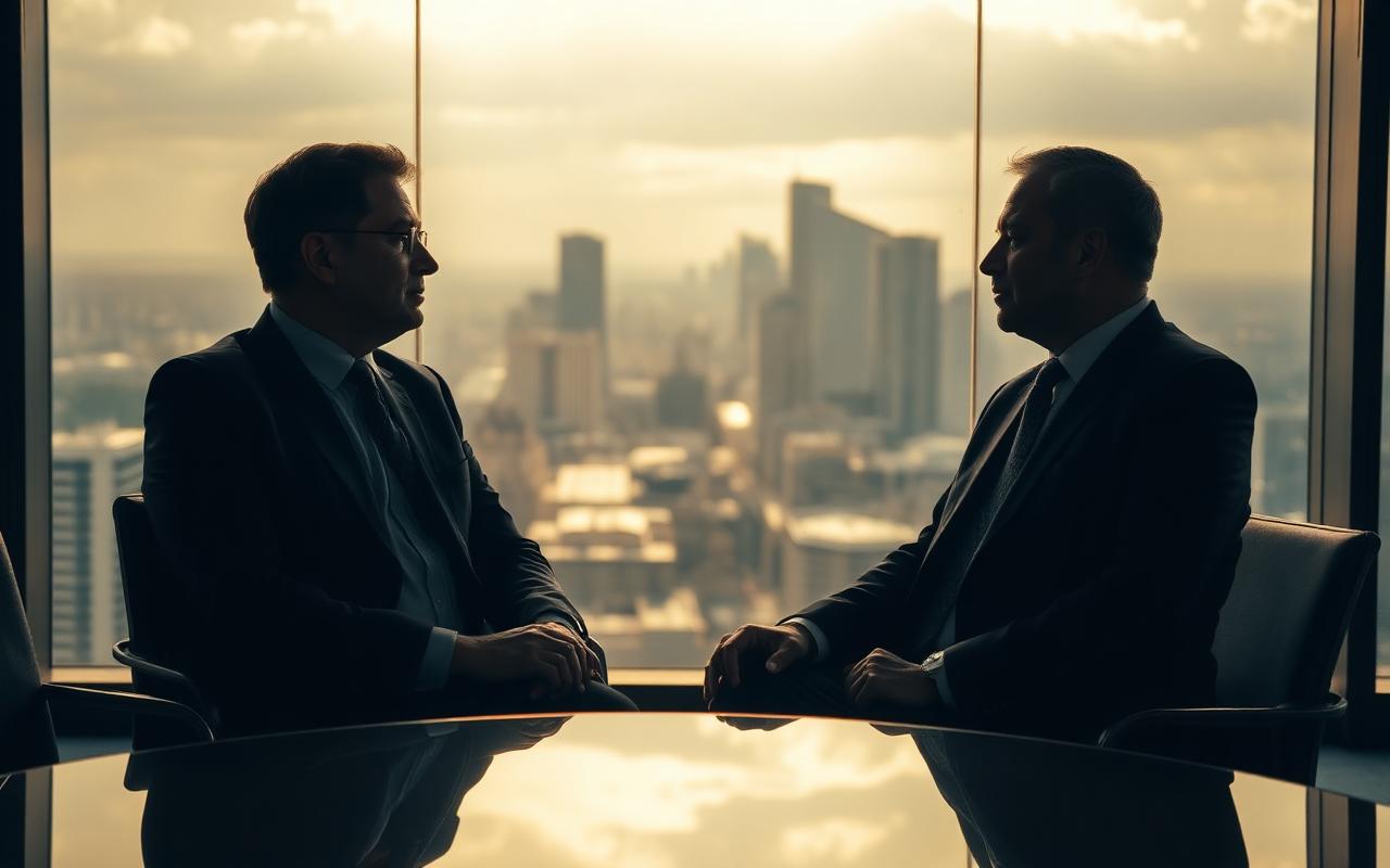 Two senior executives in a confidential boardroom meeting overlooking a city skyline