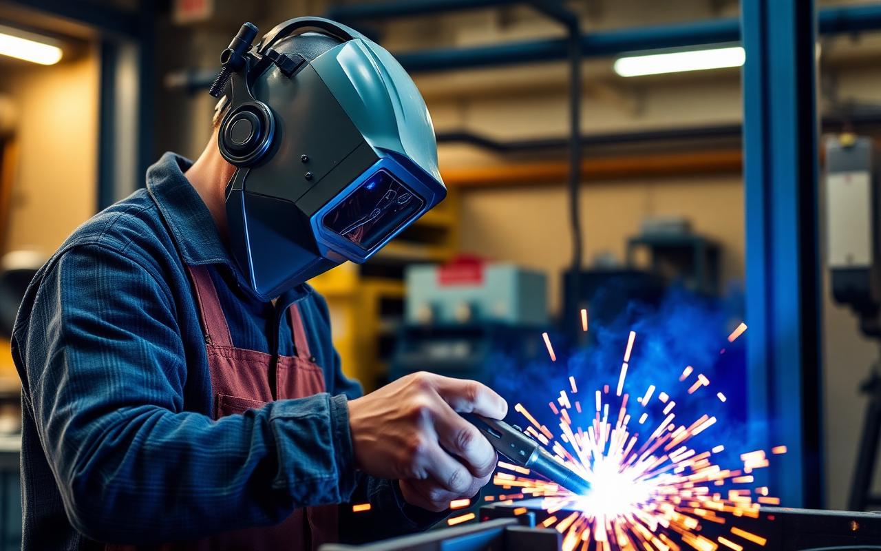 Skilled welder working with precision tools in an industrial workshop